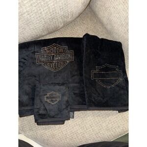 Harley Davidson 3 Piece Towel Set Bath Hand Washcloth Black Rhinestone Velour